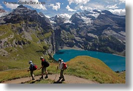 clouds, europe, hikers, horizontal, kandersteg, lake oeschinensee, lakes, mountains, nature, oeschinensee, people, sky, snowcaps, switzerland, photograph