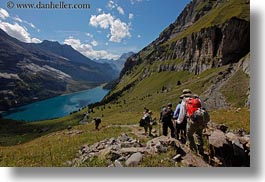 clouds, europe, hikers, horizontal, kandersteg, lake oeschinensee, lakes, nature, oeschinensee, people, sky, switzerland, photograph