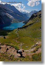 clouds, europe, hikers, kandersteg, lake oeschinensee, lakes, nature, oeschinensee, people, sky, switzerland, vertical, photograph