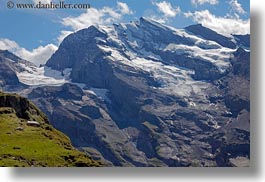 clouds, europe, grassy, horizontal, kandersteg, lake oeschinensee, landscapes, mountains, nature, sky, snowcaps, switzerland, photograph