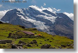 clouds, europe, grassy, horizontal, kandersteg, lake oeschinensee, landscapes, mountains, nature, sky, snowcaps, switzerland, photograph