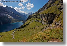 clouds, europe, grassy, horizontal, kandersteg, lake oeschinensee, landscapes, mountains, nature, sky, snowcaps, switzerland, photograph