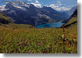 clouds, europe, grassy, horizontal, kandersteg, lake oeschinensee, landscapes, mountains, nature, sky, snowcaps, switzerland, photograph