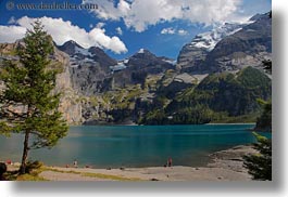 clouds, europe, horizontal, kandersteg, lake oeschinensee, lakes, mountains, nature, people, sky, snowcaps, switzerland, photograph