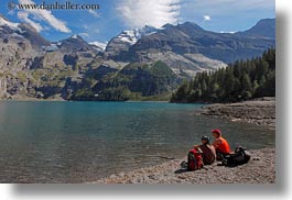 clouds, europe, horizontal, kandersteg, lake oeschinensee, lakes, mountains, nature, people, sky, snowcaps, switzerland, photograph