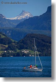 boats, europe, lake lucerne, lucerne, mountains, nature, snowcaps, switzerland, vertical, photograph