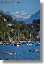 boats, europe, lake lucerne, lucerne, mountains, nature, snowcaps, switzerland, vertical, photograph