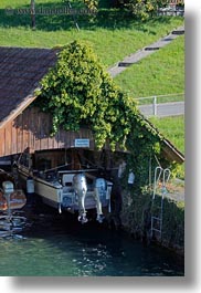 boats, covered, europe, houses, ivy, lake lucerne, lucerne, switzerland, vertical, photograph