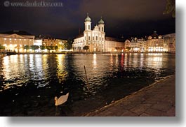 churches, europe, horizontal, lucerne, nite, rivers, slow exposure, swans, switzerland, towns, photograph
