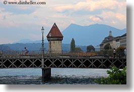 bridge, clouds, covered bridge, europe, horizontal, lucerne, nature, rivers, sky, structures, switzerland, towers, towns, photograph