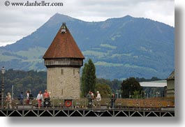 bridge, clouds, covered bridge, europe, horizontal, lucerne, nature, rivers, sky, structures, switzerland, towers, towns, photograph