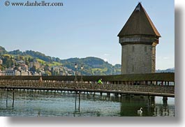bridge, covered bridge, europe, horizontal, lucerne, rivers, structures, switzerland, towers, towns, photograph