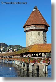 bridge, covered bridge, europe, lucerne, rivers, structures, switzerland, towers, towns, vertical, photograph