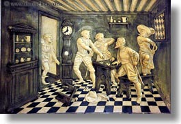 carvings, europe, fight, horizontal, lucerne, poker, switzerland, wilden mann hotel, woods, photograph