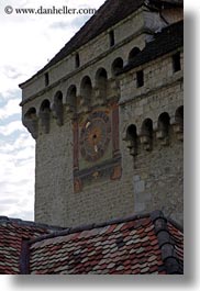 castles, chateau de chillon, chillon, clocks, europe, montreaux, switzerland, vertical, photograph