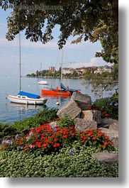 boats, europe, flowers, montreaux, switzerland, vertical, photograph