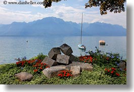 boats, clouds, europe, flowers, horizontal, montreaux, nature, sky, switzerland, photograph