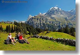europe, groups, hikers, horizontal, men, mountains, murren, nature, people, picnic, snowcaps, switzerland, womens, photograph