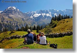 europe, groups, hikers, horizontal, men, mountains, murren, nature, people, picnic, snowcaps, switzerland, womens, photograph
