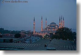 blue mosque, dusk, europe, horizontal, istanbul, minaret, mosques, religious, turkeys, photograph