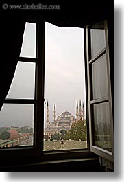 blue mosque, europe, istanbul, minaret, mosques, religious, turkeys, vertical, views, windows, photograph