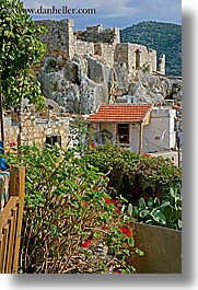 architectural ruins, europe, flowers, kale island, turkeys, vertical, photograph