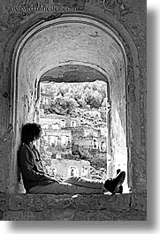 architectural ruins, archways, black and white, europe, lori, tourists, turkeys, under, vertical, womens, photograph