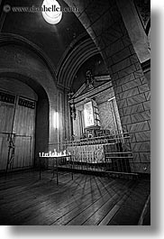 altar, black and white, buildings, candles, churches, ecuador, equator, latin america, materials, quito, religious, skylight, slow exposure, structures, vertical, woods, photograph
