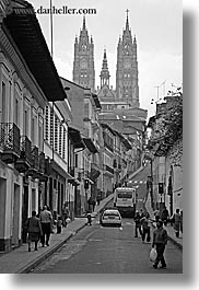 black and white, buildings, churches, ecuador, equator, latin america, quito, religious, streets, structures, towns, vertical, photograph