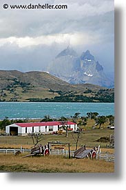 estancia lazo, latin america, patagonia, red, vertical, wagons, wheeled, photograph