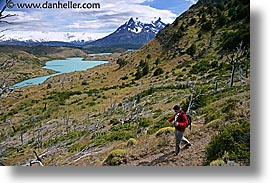 hikers, hiking, horizontal, lakes, latin america, mountains, patagonia, photograph
