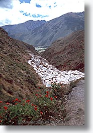 ancient ruins, andes, architectural ruins, inca trail, incan tribes, latin america, maras, mountains, peru, salineras, salt flats, stone ruins, vertical, photograph