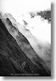 ancient ruins, andes, architectural ruins, foggy, inca trail, incan tribes, latin america, mountains, peru, scenics, stone ruins, vertical, photograph
