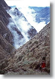 ancient ruins, andes, architectural ruins, hikers, inca trail, incan tribes, latin america, mountains, peru, scenics, stone ruins, vertical, photograph