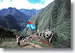 ancient ruins, andes, architectural ruins, barrie, horizontal, inca trail, incan tribes, kites, latin america, mountains, people, peru, stone ruins, photograph