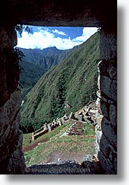 ancient ruins, andes, architectural ruins, inca trail, incan tribes, latin america, mountains, peru, stone ruins, vertical, winaywayna, photograph
