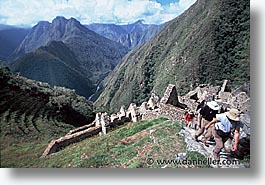 ancient ruins, andes, architectural ruins, horizontal, inca trail, incan tribes, latin america, mountains, peru, stone ruins, winaywayna, photograph