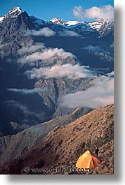 ancient ruins, andes, architectural ruins, clouds, inca trail, incan tribes, latin america, mountains, peru, stone ruins, tents, vertical, photograph