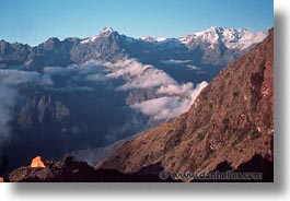 ancient ruins, andes, architectural ruins, clouds, horizontal, inca trail, incan tribes, latin america, mountains, peru, stone ruins, tents, photograph