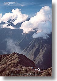 ancient ruins, andes, architectural ruins, clouds, inca trail, incan tribes, latin america, mountains, peru, stone ruins, tents, vertical, photograph
