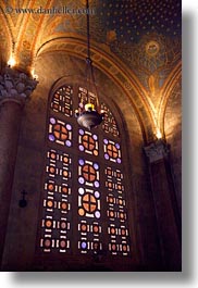 buildings, catholic, churches, crosses, gethsemane, glasses, israel, jerusalem, middle east, religious, religious sites, stained, structures, vertical, windows, photograph