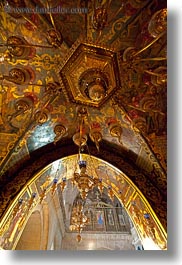 arches, buildings, catholic, ceilings, churches, hangings, holy sepulchre, israel, jerusalem, lamps, middle east, perspective, religious, religious sites, structures, upview, vertical, photograph