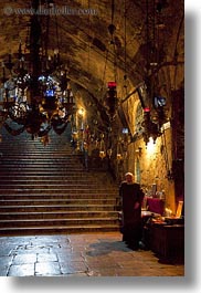 buildings, catholic, christian, churches, hangings, israel, jerusalem, lamps, marys tomb, middle east, monks, religious, religious sites, structures, vertical, photograph