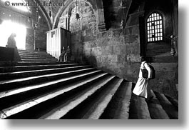 black and white, buildings, catholic, christian, churches, horizontal, israel, jerusalem, marys tomb, middle east, monks, religious, religious sites, stairs, structures, walking, photograph