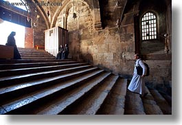 buildings, catholic, christian, churches, horizontal, israel, jerusalem, marys tomb, middle east, monks, religious, religious sites, stairs, structures, walking, photograph