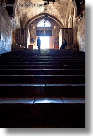 buildings, catholic, christian, churches, glow, israel, jerusalem, lights, marys tomb, middle east, nuns, religious, religious sites, stairs, structures, vertical, walking, photograph