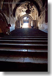 buildings, catholic, christian, churches, glow, israel, jerusalem, lights, marys tomb, middle east, religious, religious sites, stairway, structures, tunnel, vertical, photograph