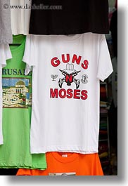 emotions, guns, humor, israel, jerusalem, middle east, moses, shirts, signs, vertical, photograph