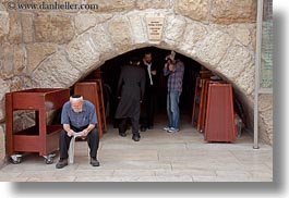 archways, clothes, hats, horizontal, israel, jerusalem, jewish, low, men, middle east, religious, sitting, temples, western wall, photograph