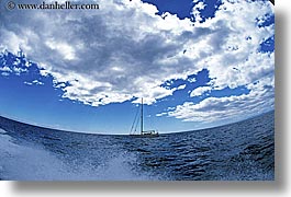 abel tasman, boats, fisheye, horizontal, new zealand, ocean, photograph